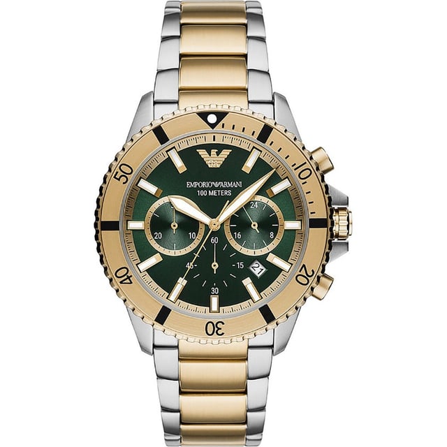 This Emporio Armani Diver Chronograph Watch for Men is the perfect timepiece to wear or to gift. It's Multicolour 43 mm Round case combined with the comfortable Multicolour Stainless steel watch band will ensure you enjoy this stunning timepiece without any compromise. Operated by a high quality Quartz movement and water resistant to 10 bars, your watch will keep ticking. Elegant and fashionable watch that is suitable for the daily life of every Men. This Chronograph watch has a calendar function: Date , Stop Watch , 24-hour Display , Luminous Hands and Luminous Numbers High quality 21 cm length and 22 mm width Multicolour Stainless steel strap with a Fold over with push button clasp Case diameter: 43 mm,case thickness: 12 mm, case colour: Multicolour and dial colour: Green