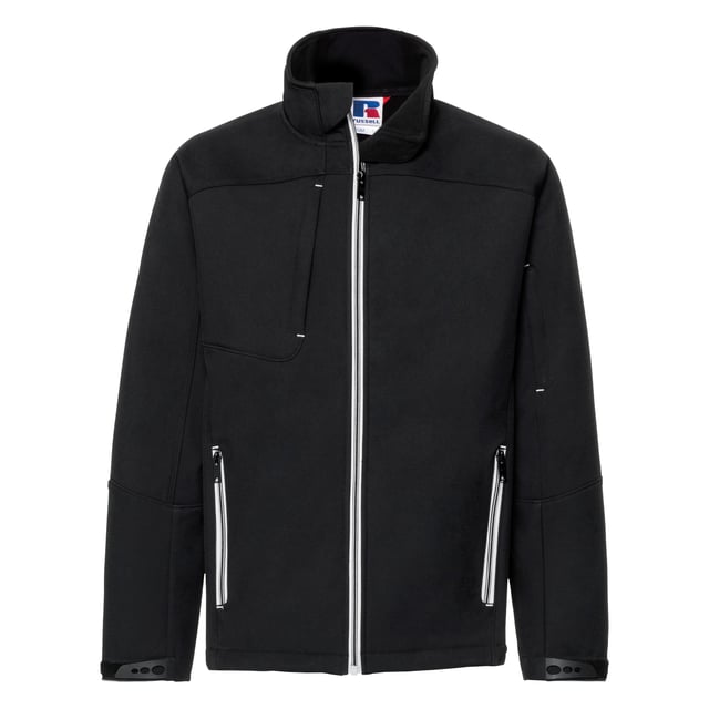 Softshell jacket with a timeless design. Highly water and wind resistant. Contemporary shaped fit. Contrasting zips and accents for a refined look. Covered zipped pockets: one at chest and one at sleeve. Protecting chin guard. Stand-up collar and inner storm flap to ward off wind and draught. Adjustable sleeve hems with injected cuff tabs and loop touch fastening. Materials: 94% Polyester, 6% Elastane.
