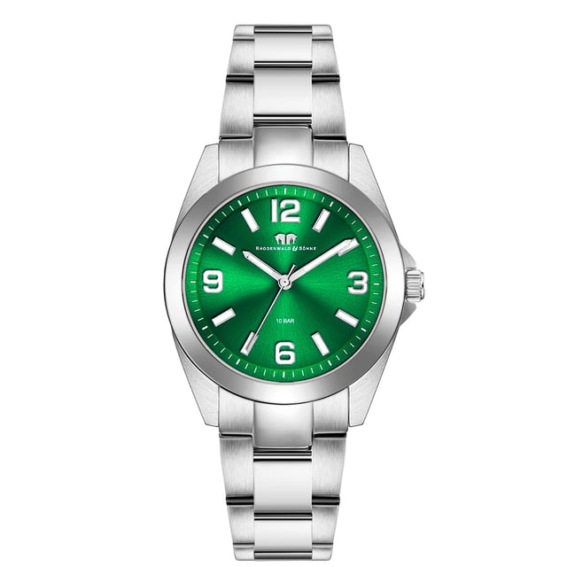 Do you love watches with timeless design in connection with your own character and exclusive quality? Then this women's watch from the Rhodenwald & Sons brand is the perfect choice. The clock manufacturer stands for stylish and sustainable masterpieces for all generations: the timepiece enthusiastic with a brave dial color, minimalist line indices, Arabic numbers, minute and luminiscant staff. The robust stainless steel housing and a suitable link bracelet made of stainless steel fit harmoniously into the overall concept. A precise quartz clock, a screwed housing floor and waterproof up to 10 ATM round off the high-quality equipment and make the watch an Every Day Piece.