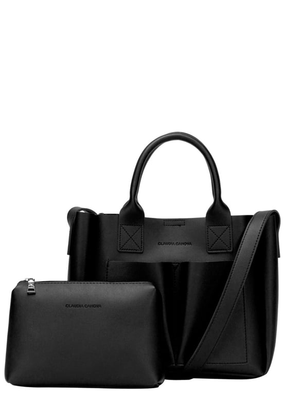This dreamy mini grab bag is perfect for adding a contemporary look to your outfit. The soft PU exterior and contrast unlined interior gives it a premium finish and the gunmetal hardware adds quality. The subtle Claudia Canova blind debossed logo and intricate stitch detail finishes the look. Inside is a secure zip top pouch, which can be removed by unfastening the snap clasp buttons, perfect to use as a portable makeup bag or to keep valuable items more secure. Features: , soft pu outer, Unlined Interior, Claudia and Canova Blind Deboss Logo, 2 x Short Grab / Tote Handles, Adjustable longer shoulder strap, Magnetic snap claps opening to the main compartment, Removable zip top pouch (Meausure 215W x 152H x 50D), 2 x Quick access slip pockets in front Style Ref: 84608 BLACK
