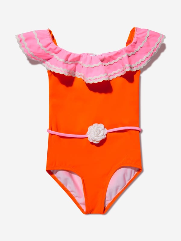 Nessi Byrd incorporate captivating materials into their everyday luxury swimwear. This girls Pina orange and pink swimsuit is reflective of the New York label's meticulous attention and preference for vibrant aesthetics. The top is depicted with a ruffled top and a bordered belt with a crochet flower accessory. Elasticated 80% Polyamide 20% Elastane