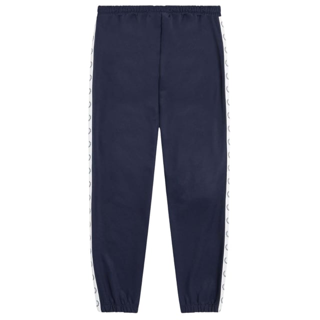 Marineblaue Jogginghose mit Fred Perry-Logo, Markenlogo auf dem linken Bein, elastische Taille und Manschetten, elastische Taille und Bein, 46 % Baumwolle, 54 % Polyester, hergestellt in Portugal, blaue Jogginghose