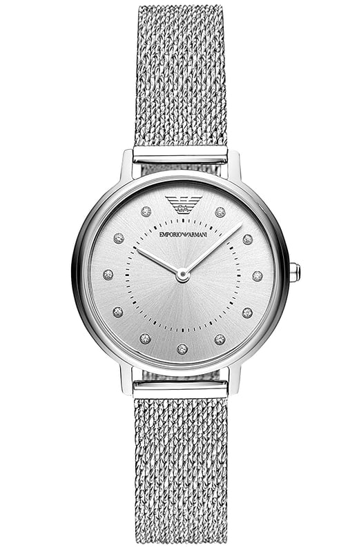 This Emporio Armani Kappa Analogue Watch for Women is the perfect timepiece to wear or to gift. It's Silver 30 mm Round case combined with the comfortable Silver Stainless steel watch band will ensure you enjoy this stunning timepiece without any compromise. Operated by a high quality Quartz movement and water resistant to 3 bars, your watch will keep ticking. This fashionable and classic watch matches any outfit at any occasion,it adds style to your life High quality 19 cm length and 14 mm width Silver Stainless steel strap with a Fold over clasp Case diameter: 30 mm,case thickness: 6 mm, case colour: Silver and dial colour: Silver