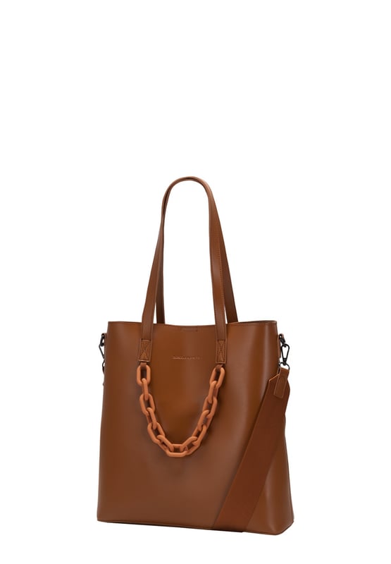 This beautiful bag is a statement piece from a busy day at work to a relaxing day shopping, this is the perfect, spacious tote. With the luxurious soft PU leather and minimalistic look this will easily become your everyday bag on the go. The optional shoulder strap allows you to have 2 styles in one for maximum comfort. While also featuring a large zip top inner pouch to keep all your valuables safe. Features: , Claudia Canova blind debossed logo, Two grab handles, Removeable shoulder strap, Portable large inner pouch with secure zip opening, Magnetic clasp fastening to the main compartment, Gunmetal hardware, Soft chain detailing Style Ref: 84303 TAN