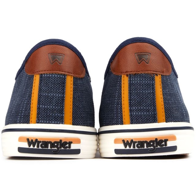 Mens blue Wrangler calypso tennis trainers, manufactured with textile and a rubber sole. Featuring: branding to tongue, detailed heel trim, engraved eyelet and branded sole.