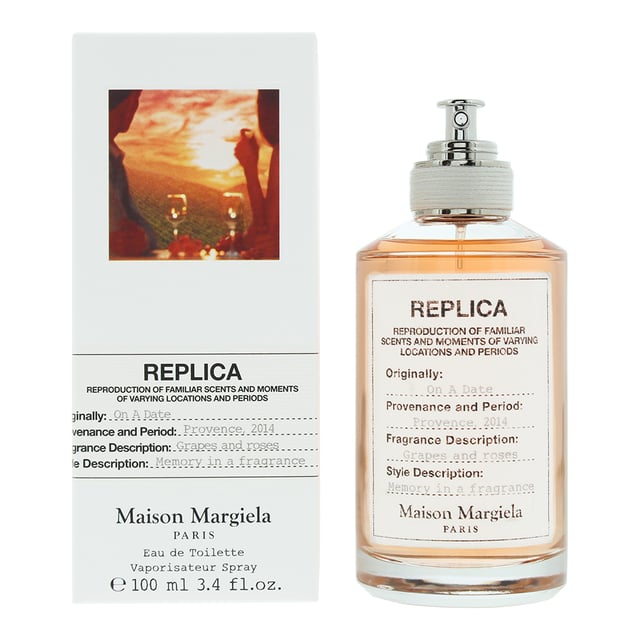 On A Date is a floral Fruity fragrance for both men and women, which was created by Carlos Benaim, and launched in 2022 by Maison Margiela as part of their Replica series. The fragrance was inspired by pleasant memories, of a day in Provance, in 2014, enjoying the vineyards and crepes. The scent opens with notes of Blackcurrant Syrup, Pink Pepper and Bergamot; before moving into the heart of Rose and Geranium and Davana; with base notes of Patchouli, Moss, Vetiver and Musk. The notes make for a sweet, fun, playful scent for the warmer months of Spring and Summer.