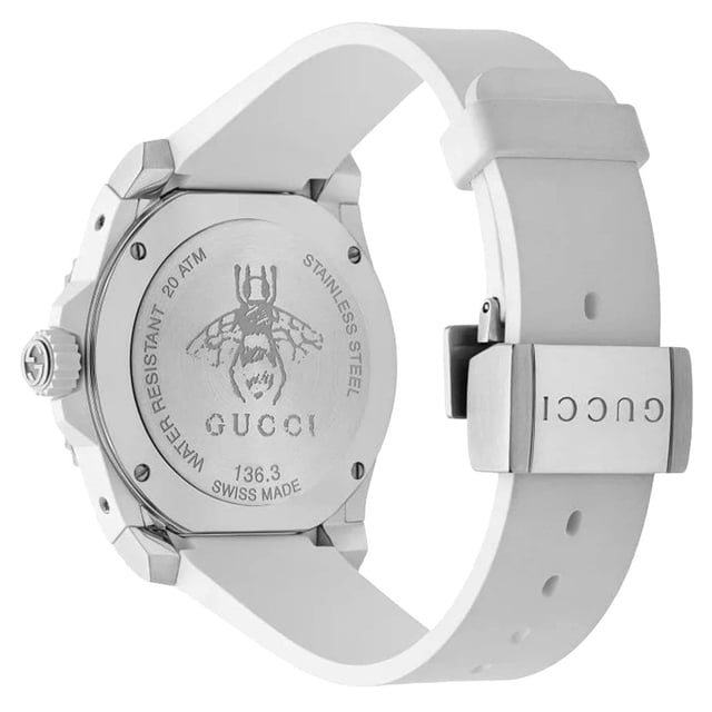 Manufacturer Product Number: YA136337Category: WatchesBrand: GUCCIWatch Markers: DotsWater Resistant: 200 MetresRecipient: UnisexMovement: QuartzCase Material: Stainless SteelDial Colour: GreyStrap Material: SiliconeDiameter: 40mmBrand Collections: Gucci Dive