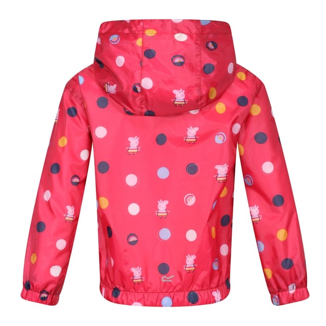 Material: 100% Polyester. Lining: Comfort, Mesh, Polyester, Taffeta. Fabric: Hydrafort. Design: Badge, Cartoon, Crest, Polka Dot. Trim: Reflective. All-Over Print, Lined, Printed Name label, Taped Seam. Fabric Technology: DWR Finish, Waterproof. Cuff: Elasticated. Neckline: Hooded. Sleeve-Type: Long-Sleeved. Hood Features: Elasticated, Grown On Hood. Length: Hip Length. Pockets: 2 Lower Pockets. Fastening: Zip. Hem: Elasticated. 100% Officially Licensed. Characters: Peppa Pig.