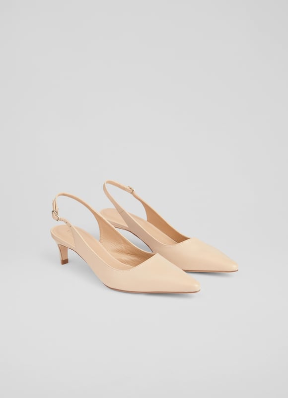 LK Bennett Alyssa Open Courts, Cream Every shoe collection needs a simple slingback, and our new Alyssa slingbacks are sleek, chic and designed to go with everything in your spring wardrobe. Beautifully-made in Spain from buttery-soft cream ppa leather, they have a pointed toe, a buckled slingback and a contemporary set-back 50mm kitten heel. Wear them with spring tailoring, dresses and even a pair of turn-up jeans, they're versatile little numbers.