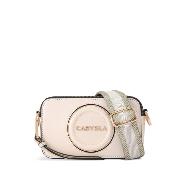 This Carvela Mini Roma Circle cross body bag features a bone exterior with round embossed branding on the front. There is branded gold hardware across the bag. Dimensions: 11cm (H), 18cm (L), 5cm (D). Strap length: 126cm.
