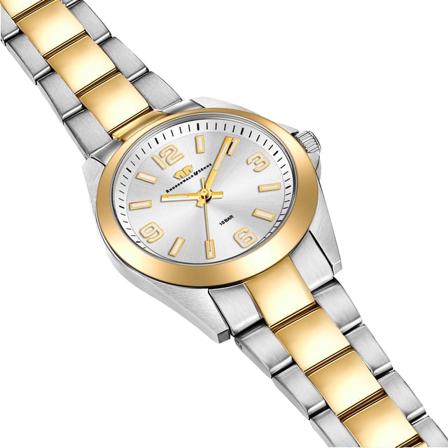 Are you looking for a clock with a timeless design, combined with excellent quality? Then this timepiece of the Rhodenwald & Sons brand is a good choice: the watch manufacturer stands for stylish and sustainable masterpieces for all generations. The women's model convinces with a reserved dial, minimalist line indices, Arabic numbers, minuteery and luminiscant staff. The robust stainless steel housing and a suitable link bracelet made of partially yellow-gold stainless steel rely on the trendy bicolor look. A long-lasting quartz clock, a screwed housing floor and waterproof up to 10 ATM complete the premium equipment.