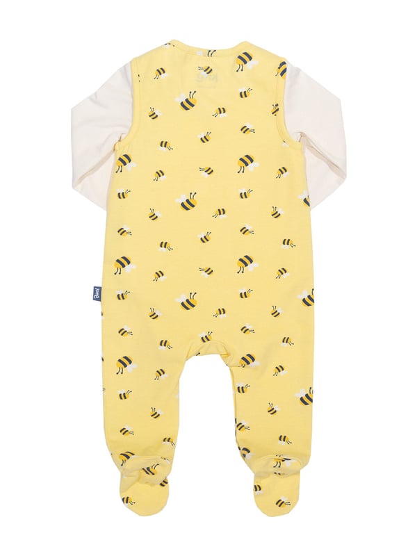 95% organic cotton 5% elastane | Proud to be certified to the Global Organic Textile Standard (GOTS) | Two-piece set | Bumble all-over print dungarees | Cream bodysuit | Single jersey with a little bit of stretch (180-190 gsm) | Dungarees: Popper crotch and shoulder opening and feet | Bodysuit: Envelope neck and long sleeves | Made in Turkey | Machine washable at 40 degrees, or at 30 degrees to be kinder to the planet