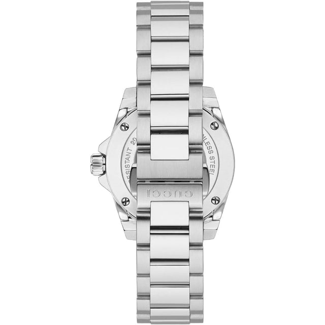 Manufacturer part number: YA136403Brand: GucciSeries: DiveGender: Women'sEAN: 731903358447Movement: QuartzBracelet color: Silver-toneWaterproofing: 200M (20ATM)Dial color: BlackBracelet material: Stainless steelDial diameter: 32mmDial thickness: 11mmCase back: SolidBezel: Uni-directional rotatingCrystal: Scratch-resistant sapphireCrown: Screw downBracelet description: Stainless steel braceletClasp type: Deployment with double push buttonCase color: Silver-tone