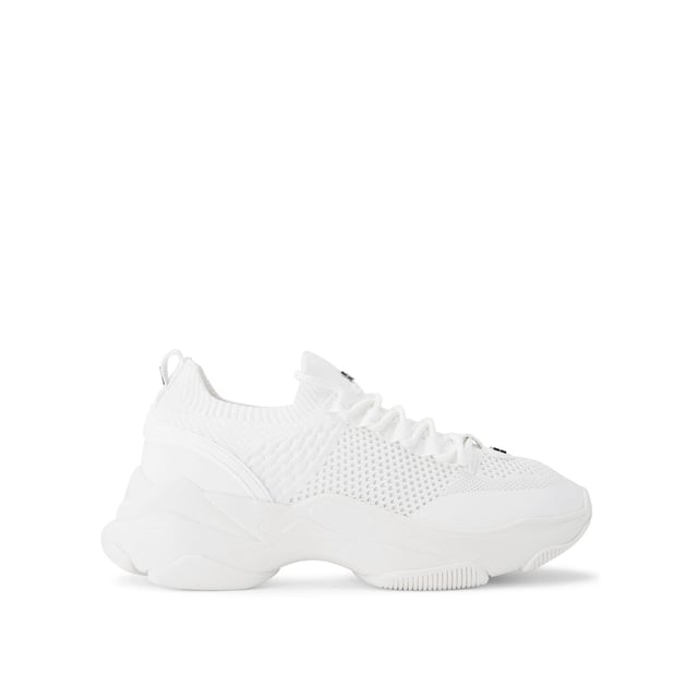 This KG Kurt Geiger Lively sneaker features a white knitted upper with lace up front. There is silver branding across the upper and the sole is extra chunky.