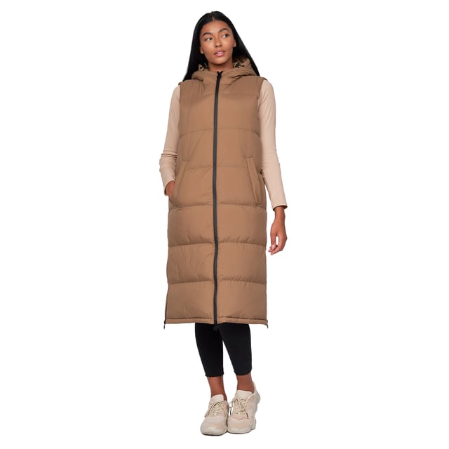 100% Nylon. Design: Logo, Quilted. Neckline: Hooded. Padded. Sleeve-Type: Sleeveless. Hood Features: Grown On Hood, Toggle Adjuster. Length: Longline. Pockets: 2 Side Pockets, Welted. Fastening: Full Zip, Two Way Zip. Hem: Split, Zipped. 10 UK: 34 in. 12 UK: 36 in. 14 UK: 38 in. 16 UK: 40 in.