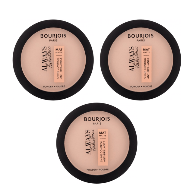 Do you always notice shiny areas when checking your makeup in the mirror? That can be fixed. Bourjois Always Fabulous compact powder foundation absorbs the excess sebum that causes unwanted shine, plus it keeps your skin naturally mattified all day long. It goes on easily and sets any makeup you have already applied. This is a pack of 3.