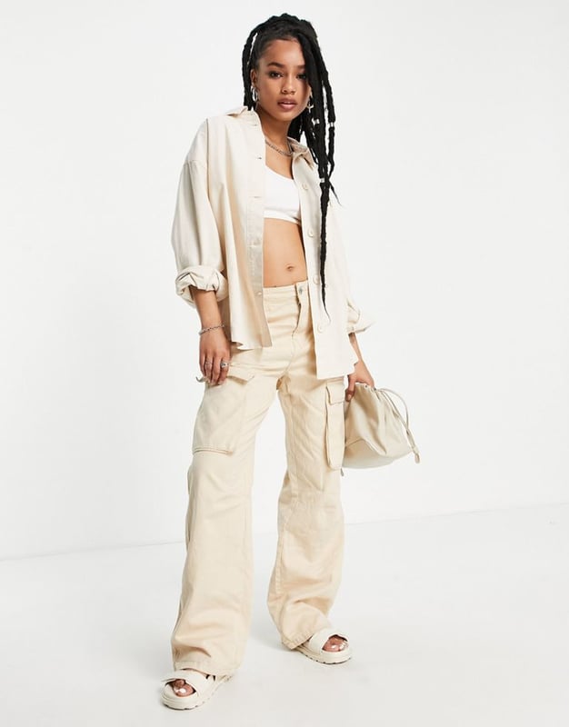 Topshop Petite oversized lightweight cotton shacket in ecru-White