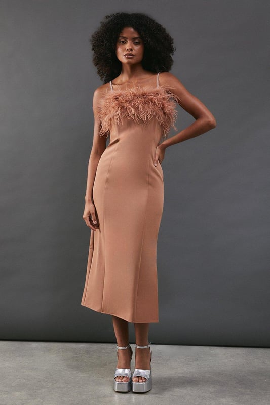 Feather Detail Diamante Strap Bandeau Midi Dress