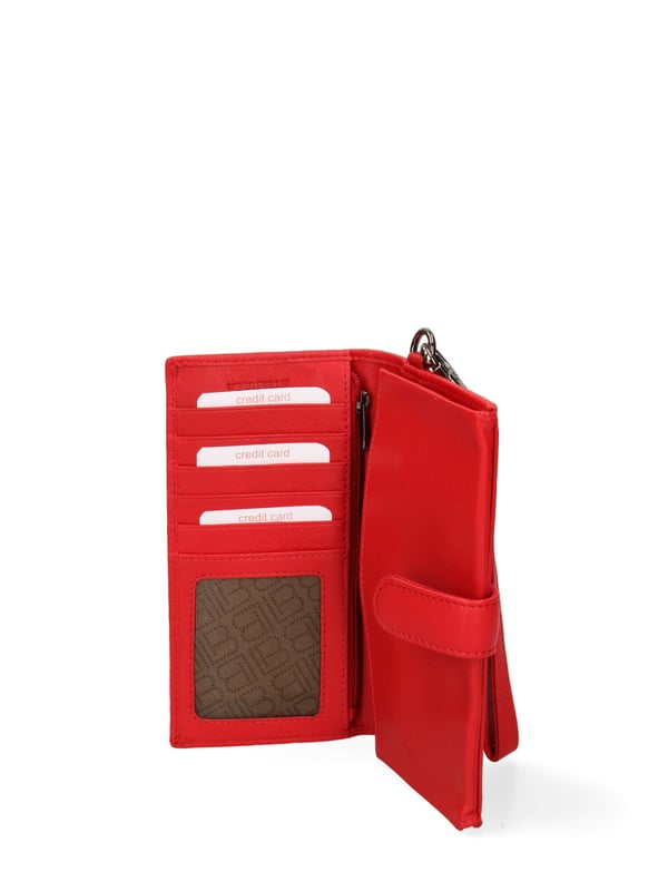 Damenbrieftasche mit Druckknopfverschluss. Innentaschen für Kartenhalter und Geldscheinhalter. fehlende Außentaschen. fehlender Schultergurt. fehlender Griff. ein Innenfach. Außenmaterial. Innenfutter aus echtem Leder. Maße: 17x9,5x2 cm. Modeprodukt