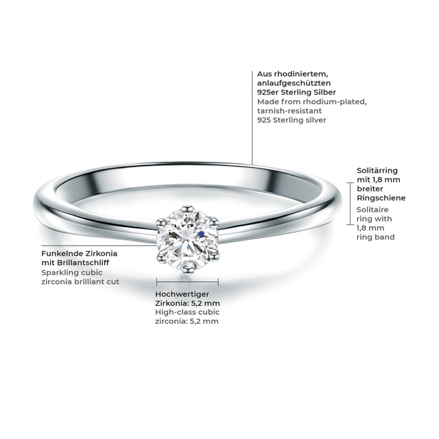 Hearts in the heart: This simple and exceptionally filigree engagement ring of the manufactory in 1934 optically relies on understatement and yet stands for great feelings. The narrow ring rail is decorated by a sparkling zirconia-solitary, very classic in a recording that makes the jewelry stone shine and at the same time offers a safe hold. Thanks to the brilliant cut with 57 facets, the zirconia looks deceptively similar to a real diamond - a wonderful engagement ring that accompanies her loved one for many years and wears both solo and cuts a good figure as a pretense ring.