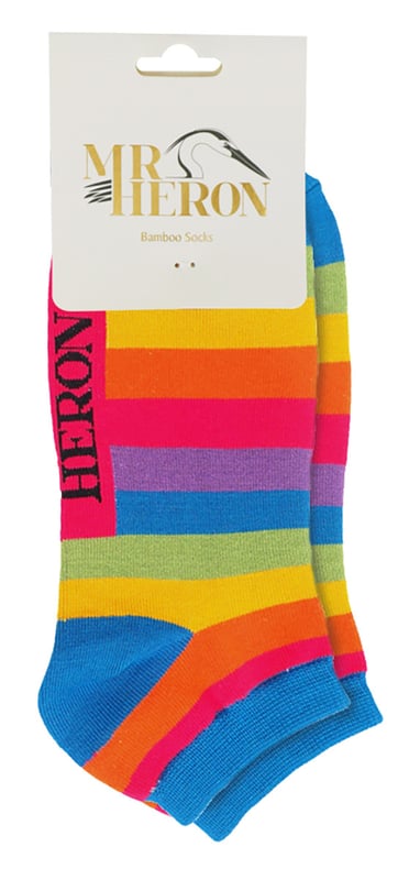 Are you in need of some new trainer socks for the hot Summer weather that’ll keep you cool but you’re sick of the boring plain colours out there? Well these great Rainbow Bamboo Trainer Socks are perfect If you’re wanting to jazz up your feet! These Mr Heron Bamboo Socks are a great gift idea for anyone who wants to stand out from the crowd this summer. They're comfortable and cool, super soft bamboo fibres, and they have a smooth material that's breathable. They're also naturally hypoallergenic antibacterial. These socks are a low cut ankle length so they’ll subtly fit in your shoes. They are available in a funky, bright and striped rainbow pattern. Ideal for pride month or even just to brighten up your feet! Mr Heron prides their products on the philosophy of making your feet feel fabulous all year round. Whether it's their chic and stylish products, they bring you unique, exciting and fashionable accessories, full of individuality to give you the confidence to be you. These trainer socks are a 1 pair pack and made from 57% Bamboo, 22% Cotton, 18% Polyester, 2% Polyamide, 1% Elastane. They come in Men’s One Size: 6-11 UK (39-45 EUR, 7-12 US) and are Machine washable under 40. Do not dry clean. Do not iron. Do not bleach.