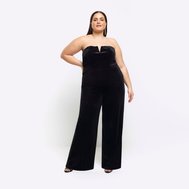 Plus collection, Velvet fabric, Bandeau neckline, Sleeveless, Wide leg, Plus Size Guide