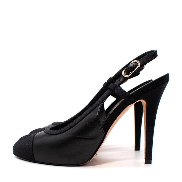 Chanel CC Cap Toe Leather Grosgrain Slingback Sandals