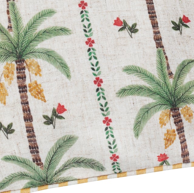 Enhance your living space with the Okara Palm Piped Cushion. Featuring a hand-painted design that juxtaposes delicate florals with bold palm tree motifs, this cushion offers a refined yet relaxed aesthetic. The textured linen-look fabric adds depth and versatility, while the piped trim provides a refined finish. With its intricately patterned reverse, this cushion effortlessly blends modern and tropical inspirations, making it an ideal accent for a variety of interior styles. Perfect for those who appreciate the beauty of nature and the charm of thoughtful design.