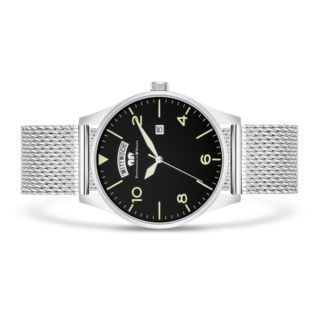 Less is more: According to this motto, the design of this exclusive men's watch was designed by the Rhodenwald & Sons manufactory. Reduced to the date and weekday display and simple line indeed combined with Arabic numerals and feuille devices, the dial convinces with minimalism. Exquisite eye-catcher is the elaborate Milanais bracelet with sliding closure. Behind the classic watch look in the tradition of old watchmaking, modern materials and contemporary technology convince: housings and bracelet are made of robust stainless steel. Hardened mineral glass and a precise quartz train complete the high -quality equipment.
