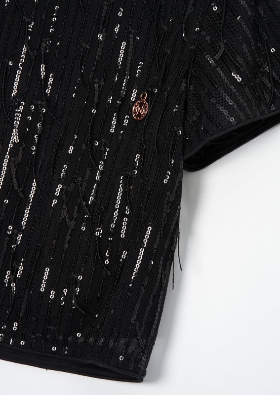 Glitter. shimmer and sparkle in our fabulous short sleeve shell top in elegant  . With swishy sequin tassels. you'll make an entrance to any party. Wear with the matching trouser for ultimate outfit credits.