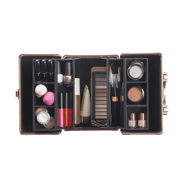 About The Product:A compact stylish beauty box from Beautify with four dividers and six separate compartments in total. This styish design feautures a carry handle and trendy gold frame. The bottom section of the item is spacious and inside there are 2 trays for extra storage. The clasp is lockable and 2 keys are included to keep your cosmetics safe and secure. Dimensions:L25 x W18.5 x H23cm