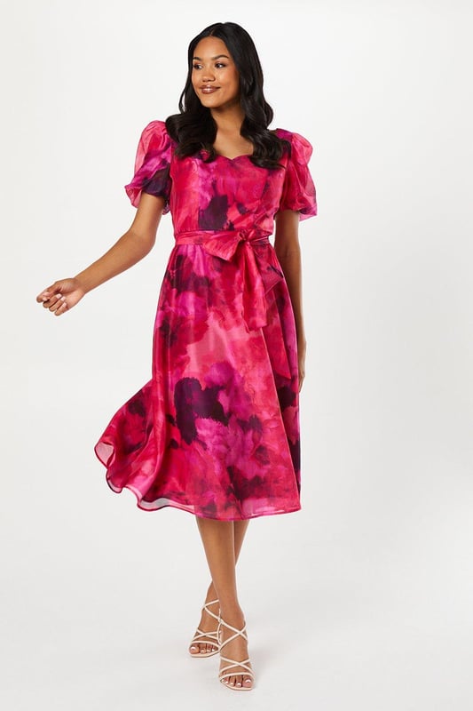 Printed Organza Sweetheart Neck Midi Dress With Puff Sleeve