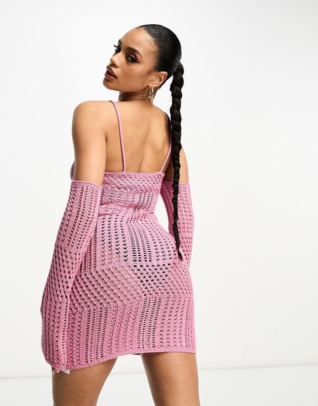 ASYOU knitted crochet mini dress with flower trim in pink