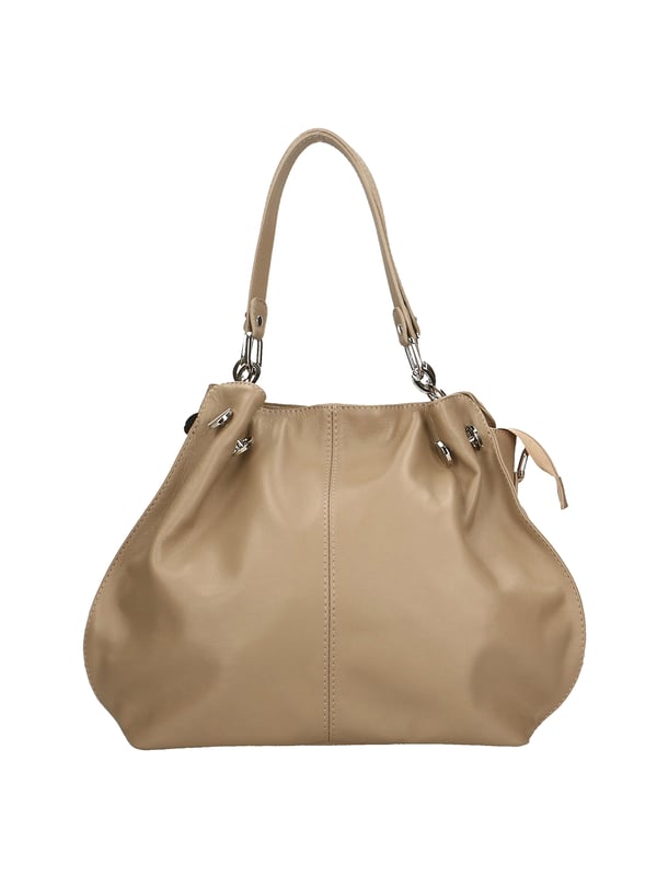 Bolso bandolera para mujer. El cierre es con cremallera. Los bolsillos internos son uno con cremallera. Los bolsillos externos son uno en la espalda con cremallera. La bandolera es ajustable y extraíble en piel. El mango es de cuero. Hay dos compartimentos internos. El material exterior es piel auténtica sauvage. Internamente está forrado en tejido 70% algodón - 30% seda. Medidas: 38x30x12 cm. Hecho en Italia