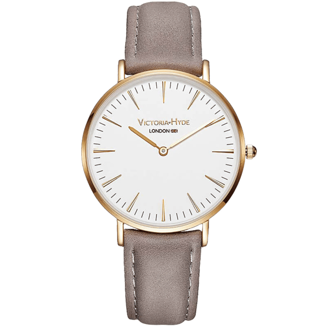 The Southfields Modern from Victoria Hyde London is your perfect everyday companion. With an elegant grey leather strap, the watch will be a real eye-catcher on your wrist. The white dial and a diameter of 40mm let you always keep an eye on the time. The case is made of the finest stainless steel and, together with the reliable movement, stands for real quality. The Southfields Modern is a modern highlight, suitable for any occasion. Case diameter: 38mm, Case thickness: 8 mm, Watch strap length: 180mm, Watch strap width: 18mm