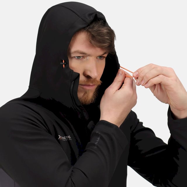 Material: 96% Polyester, 4% Elastane. Fabric: Softshell. Design: Contrast, Logo, Panel. Lightweight, Pull Tab. Fabric Technology: Stretchable, Water Repellent, Windproof. Neckline: High-Neck, Hooded. Cuff: Hook And Loop Strap, Stretch Binding. Sleeve-Type: Long-Sleeved, Raglan. Hood Features: Drawcord. Pockets: 2 Zip Pockets. Fastening: Full Zip. Hem: Stretch Binding.