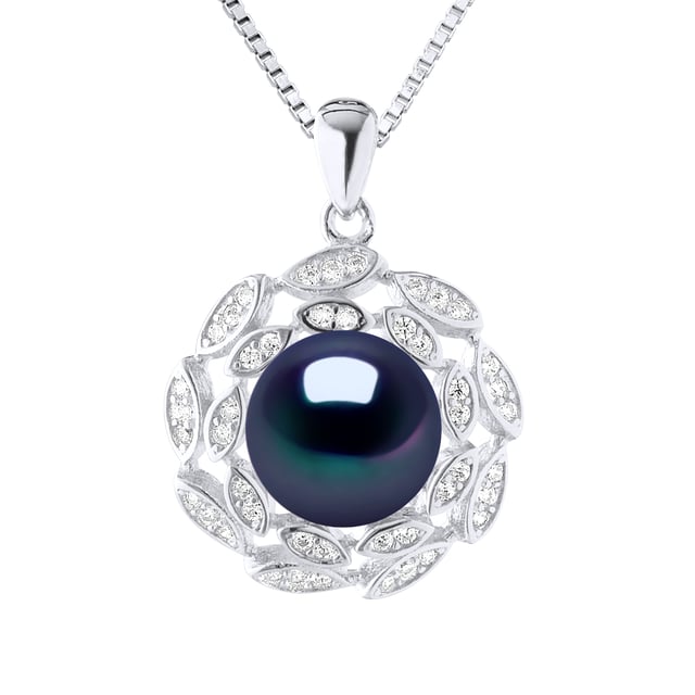 Ketting - Freshwater Pearl knop 9-10 mm - Paving oxides - Box Chain Rhodium 925 duizendste - Lengte: 42 cm - Wordt geleverd in een koffer met een certificaat van echtheid en een internationale garantie - Al onze sieraden zijn gemaakt in Frankrijk.