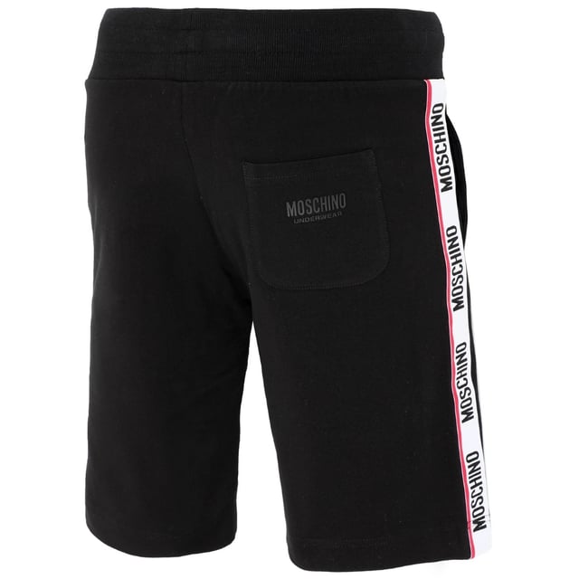 Pantalones cortos negros Moschino, cinta con el logo en las perneras, cintura elastica, ajuste elastico comodo, 95% algodon, 5% elastano, bolsillo trasero, cordones, ropa de estar por casa Moschino, marca grabada, logotipo monotono en el bolsillo