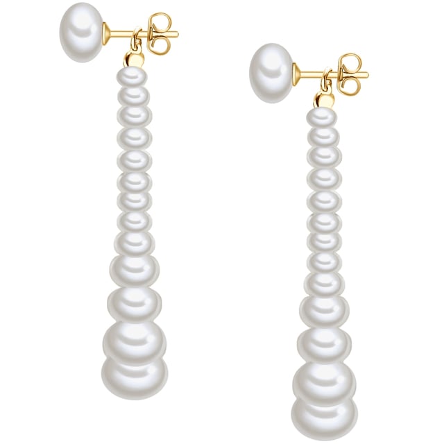 Anyone who loves the classic design language and noble materials will be enthusiastic about these timeless earrings of the Valero Pearl label. The delicate drop pendants are formed from shimmering freshwater breeding breeds of different sizes. All pearls are high-quality freshwater breeding breeds, handpicked and with a brilliant luster. Advantage: Freshwater breeding breeds consist of solid pearl and are therefore more insensitive to splintering compared to salt water pearls. The practical plug -in closure is made of yellow -gilded 925 sterling silver. A real IT piece for pearl lovers!