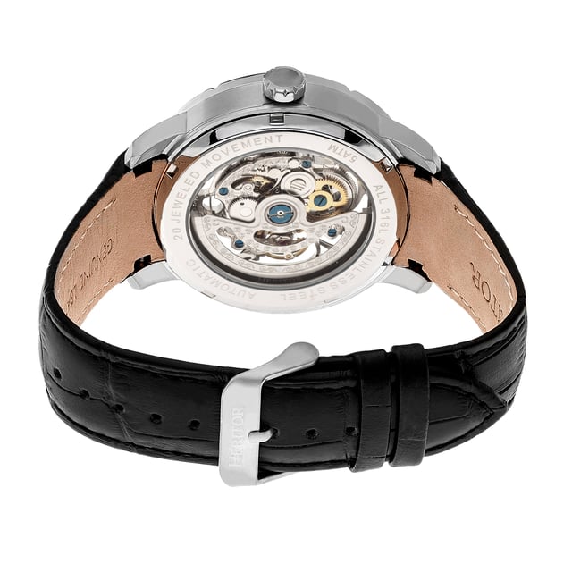 316L Surgical-Quality Stainless Steel Case; Jeweled Automatic Movement; Jewel Bearings: 22 Jewels; 40-Hour Power Reserve; Beats per Hour (BPH): 21600/Hour; Sapphire-Coated Mineral Crystal; Skeleton Dial; Observation Caseback to view Movement; Logo-Engraved Stainless Steel Crown; Genuine Leather Crocodile-Embossed Strap; Logo-Engraved Stainless Steel Clasp; Super-Luminova Hands; 44mm Diameter; 5 ATM Water Resistance;