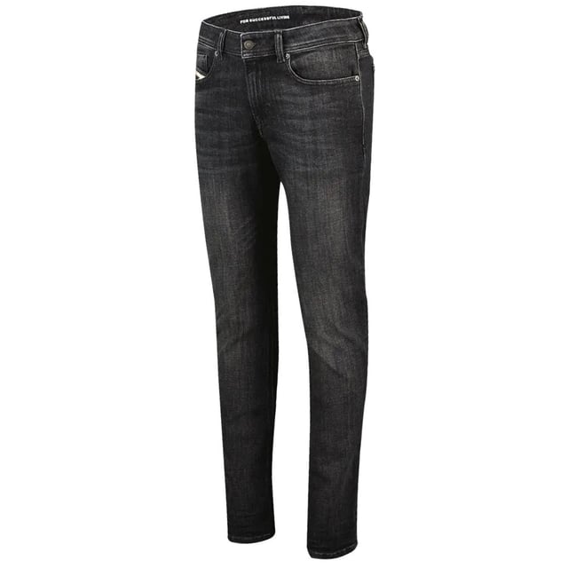 Pantalones vaqueros negros Diesel, bragueta con cremallera, 96 % algodon, 3 % elastomultiester, 1 % elastano-spandex, corte cenido, marca Diesel