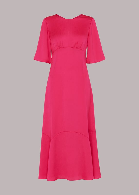 Embrace elegance with the Alana Satin Dress, a stunning pink midi perfect for any soirée. Crafted from 100% recycled polyester, this eco-conscious piece features a chic cut-out design and short sleeves. Its flowing silhouette ensures a flattering fit for all, making it an ideal choice for your next evening out.