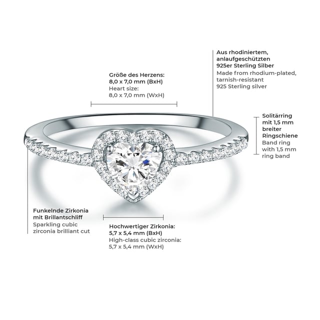 Anyone who loves romantic jewelry is guaranteed to be enchanted by this exquisite engagement ring: the filigree solitary ring of the Seror Manufaktur 1934 beyond a heart -shaped ensemble made of magnificent zirconia stones in brilliant cut. The special thing about the entourage design: The heart-shaped zirconia solitary in pavé version is framed by a dense wreath of small jewelry stones that continue on the half-made ring rail made of rhodium-plated 925 sterling silver. This is how the light breaks in countless facets - the result is an incomparable sparkle on the hand of your loved ones!