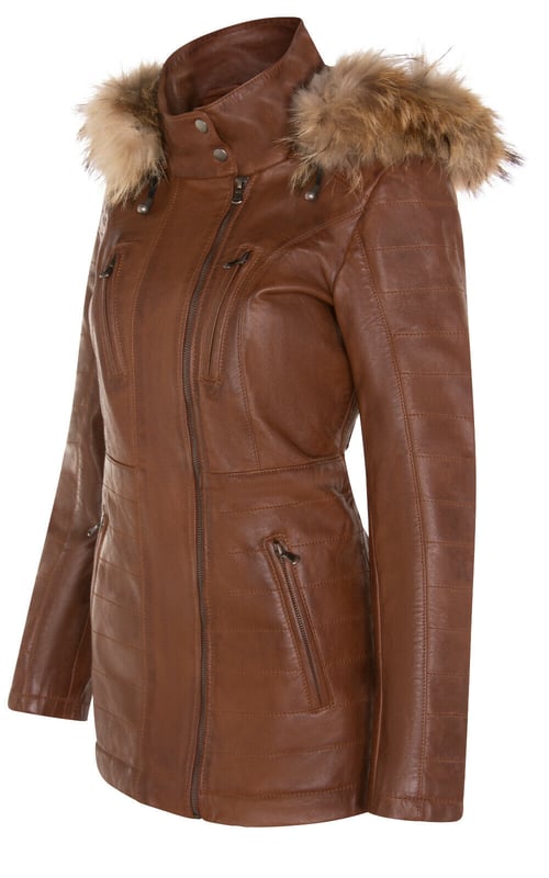 Elevate your winter wardrobe with our slim-fit Women's Leather Parka Jacket, a perfect choice for staying warm and stylish in colder weather. Crafted from 100% premium ultra-soft nappa leather, this jacket offers a luxurious and comfortable feel. Here's what sets it apart:

Detachable Fur-Lined Hood: The jacket features a detachable fur-lined hood, providing both warmth and an exuberant look that adds a touch of sophistication to your winter attire.
Functional Zip Pockets: Four zip pockets on the jacket front, tabbed for easy opening, offer secure and convenient storage for your essentials.
Luxurious Quilted Detailing: Quilted detailing on the sleeves and waist adds a touch of luxury and texture to the jacket's design, enhancing its visual appeal.
High Stand Collar: The high stand collar, fastened with press studs, not only keeps you warm but also adds a chic and elegant element to the overall look.
Zipped Cuffs: Zipped cuffs provide added adjustability and style, allowing you to customize the sleeve length according to your preference.
This Women's Leather Parka Jacket combines fashion, functionality, and premium quality, making it a must-have addition to your winter wardrobe for a chic and cozy look.