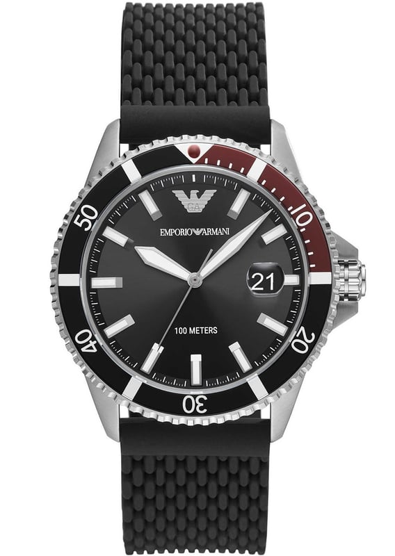 Este reloj Emporio Armani para hombre tiene movimiento de cuarzo. La caja (42 mm) es de Acero Inoxidable (Plata) y tiene un cristal Mineral. La correa es de silicona negra. Este reloj de la gama Emporio Armani Diver es un regalo precioso y atemporal. Sorpréndase a sí mismo o a otra persona con este regalo. Además, con él disfrutará de 2 años de garantía contra todo defecto de fabricación.