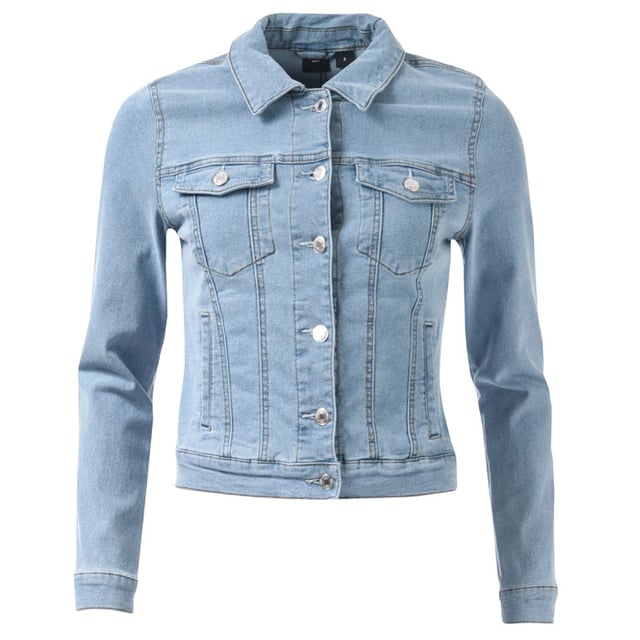 Womens Vero Moda Hot Soya Denim Jacket in light blue denim. <BR><BR>- Full button fastening. <BR>- Button cuffs. <BR>- Button-flap chest pockets. <BR>- Front welt pockets. <BR>- Regular fit. <BR>- Measurement from shoulder to hem: 19“ approximately. <BR>- 72% Cotton  26% Polyester  2% Elastane.  Machine washable.<BR>- Ref: 10193085<BR><BR>Measurements are intended for guidance only.