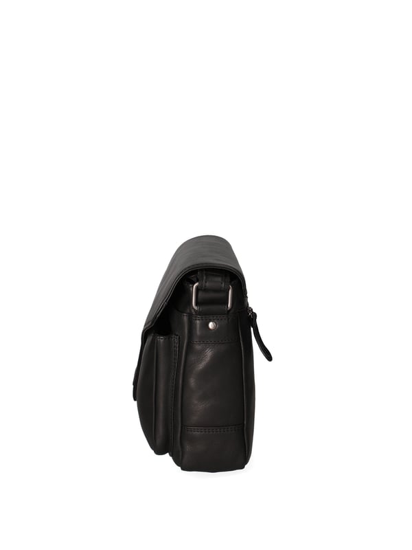 Bolso bandolera para hombre. El cierre es con botón magnético. Los bolsillos internos son dos con cremallera y dos abiertos. Los bolsillos externos son dos abiertos en la parte delantera y uno en la parte trasera con cremallera. La bandolera es ajustable en piel. Falta el mango. Hay dos compartimentos internos. El material exterior es auténtica piel de vacuno. Internamente está forrado en poliéster. Medidas: 24x30x10 cm. Producto de moda