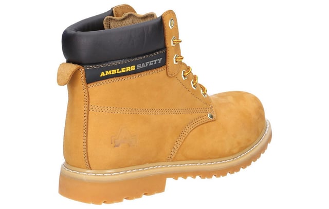 Tough and hardwearing goodyear welted safety boot made with leather upper, steel toe & midsole, padded collar and nitrile rubber outsole  -Hardwearing steel toe cap boot with mid-sole protection. -3 eyelets, ankle high speed lacing + hem eyelet for extra support. -Padded collar and tongue for comfort. -Pull on loop. -Goodyear welted rubber sole -Conforms to EN ISO 20345:2011 safety footwear standards -Safety Footwear Category: SB-P. -Toe protection tested to 200 joules impact. -Penetration resistant steel midsole tested 1100 newtons. -Passes SRA Slip Resistance Standards.