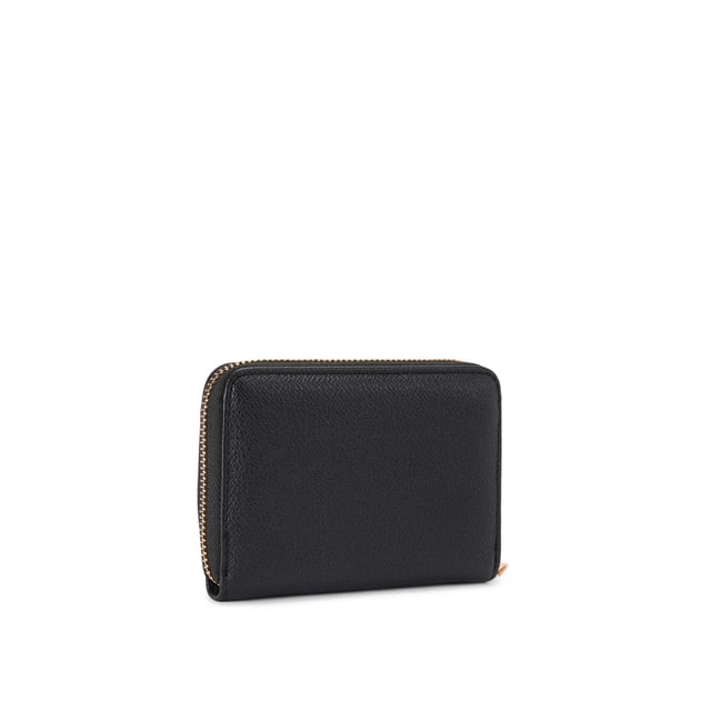 This Carvela Frame Mini Purse is crafted in a black textured leather alternative with embossed branding on the front. There is a gold zipper to close the purse. Dimensions: 9cm (H), 12cm (L), 2cm (D).
