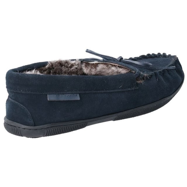 Hush Puppies Mens Ace Slip On Leather Slipper (Navy) Real suede upper. Faux fur lining and sock. Soft, flexible, hard wearing indoor/outdoor sole. Memory foam comfort sock. Gift boxed.